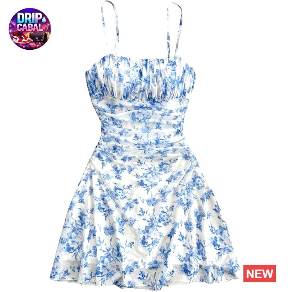 Floral Print Ruched Cami Dress Spaghetti Strap Ruffle Hem Mesh Mini